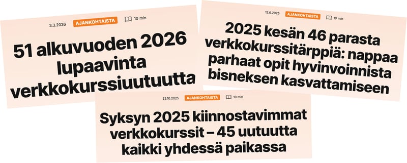 Verkkokurssilistauksia, jotka luettelevat oppilaidemme julkaisemia verkkokursseja