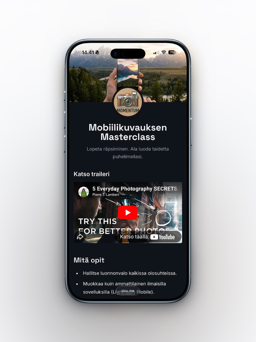 Konversio- ja mobiilioptimoitu myyntisivupohja verkkokurssin tai masterclass-valmennuksen lanseeraukseen.