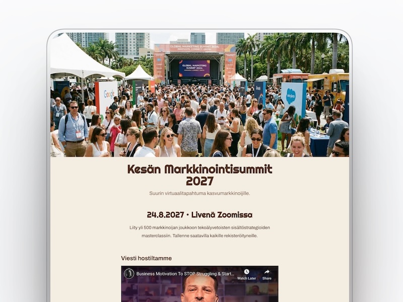 Tapahtumasivupohja seminaareille ja virtuaalitapahtumille, sisältää aikataulun, puhujaesittelyt ja ilmoittautumislomakkeen.